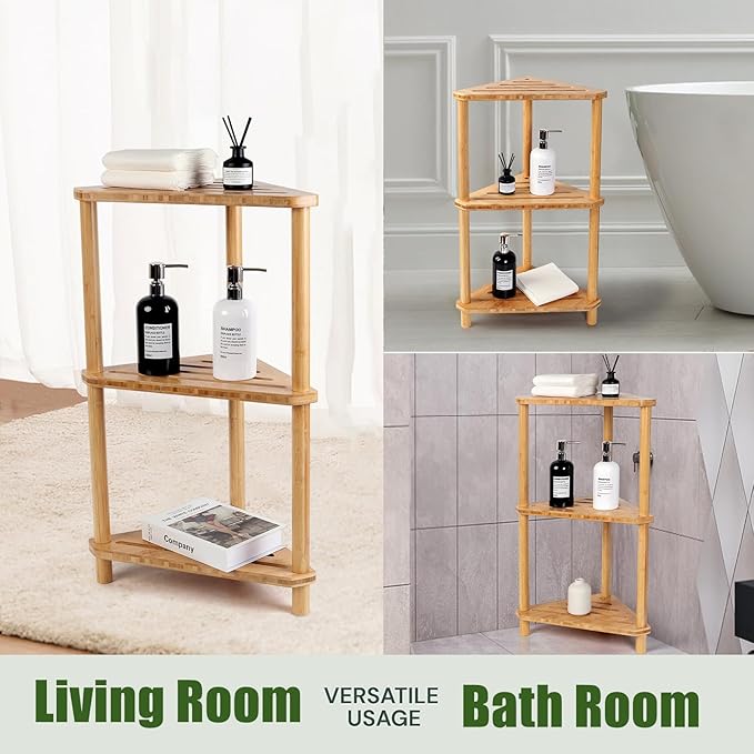 Bamboo Corner Shower Caddy Stand 3-Tier Waterproof,Free Standing Corner Shelf Shower Stool Organizer for Inside Shower,Space-Saving Storage Shelf with Anti-Slip Feet