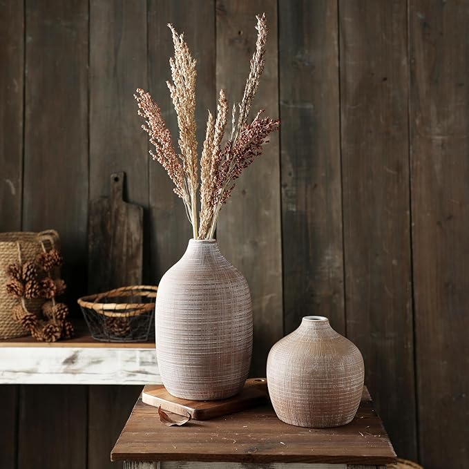 2024 Updated ALMA 9-in Tall Flower Vase Terracotta, Rustic Ceramic Vase for Pampas Grass|Farmhouse Decorative Vase in Boho Home Decor, Room, Shelf, Mantle Decor