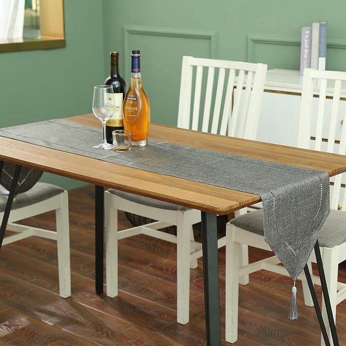 Tosewever Decorative Linen Table Runner with Tassels Tabletop Collection 14 x 72 Inches Table Runners for Everyday Dining Wedding Party Holiday Home Decor (14" x 72", Grey)
