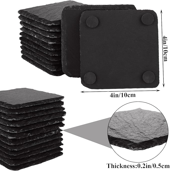 36PCS Slate Coasters Bulk Black Stone Coasters Square Slate Coasters 4 inch Slate Stone Cup Coaster Set for Drink Bar Kitchen Home Blanks with Anti-Scratch Bottom