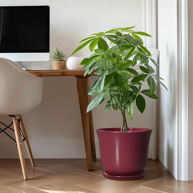 12 Inch Pots for Plants - Ceramic Planter for Indoor Outdoor, Round Plant Pot with Drainage Hole and Saucer, Large Planters, Modern Flower Pots, Home Room Office Decor, Gardening Gifts, Red