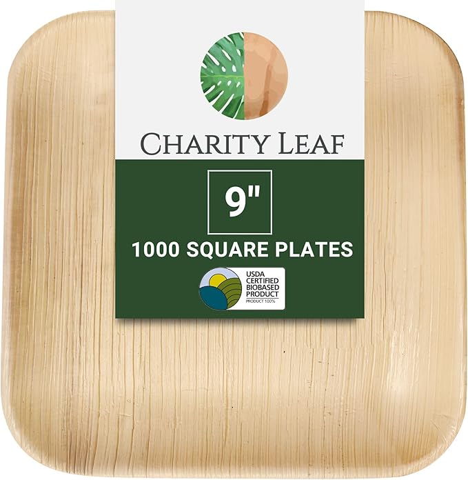 Charity Leaf Disposable Palm Leaf 9" Square Plates (1000 pieces) Bamboo Like Serving Platters, Disposable Boards, Eco-Friendly Dinnerware For Weddings, Catering, Events