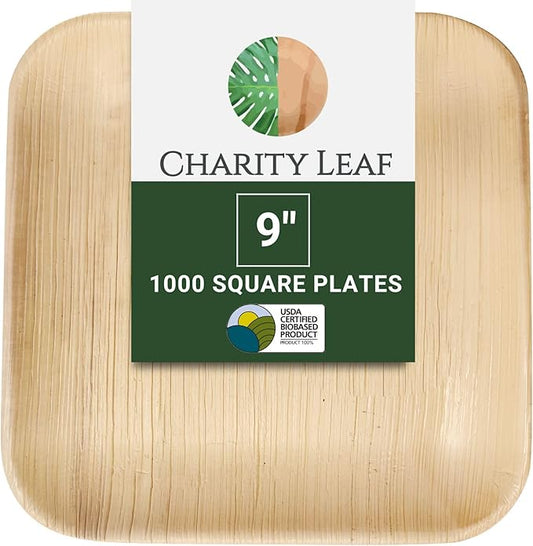 Charity Leaf Disposable Palm Leaf 9" Square Plates (1000 pieces) Bamboo Like Serving Platters, Disposable Boards, Eco-Friendly Dinnerware For Weddings, Catering, Events