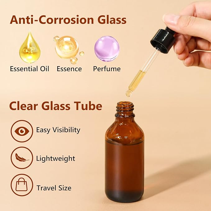 KEYWING 36Pack 2oz Dark Amber Dropper Bottles - 60ml Tincture Bottles with Eye Dropper for Essential Oils, Perfume, Hair Oil, Liquids - Leak Proof Travel Bottle