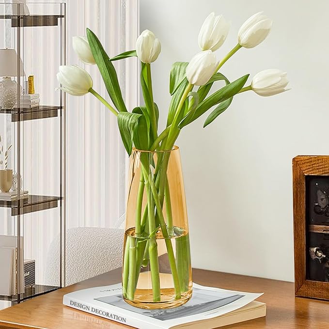 Aoderun Glass Vase for Flowers Modern Vases Home Decor Unique Flower Vase for Bouquet 8.7" Centerpiece Vase Decor Room,Bedroom,Living Room,Library,Office,Table,Entryway,Modern Farmhouse(Amber)