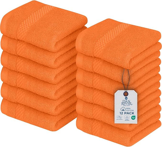 DAN RIVER 12-Pack Premium 100% Cotton Orange Face Towels – Reusable Face Towel Set, Soft & Absorbent Luxury WashCloths for Bathroom & Body – Hand and Face Towels, 550 GSM (12x12 in)