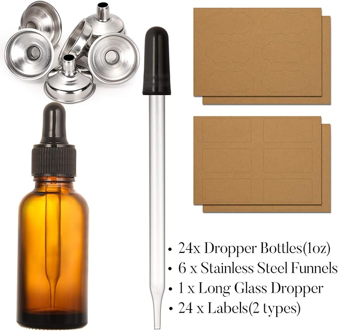 AOZITA 24 PCS, 1 oz Dropper Bottles for Essential Oils with 6 Funnels & 1 Long Glass Dropper - 30ml Amber Glass Bottle with Eye Droppers - Tincture Bottles, Leak Proof Travel Bottle for Liquids