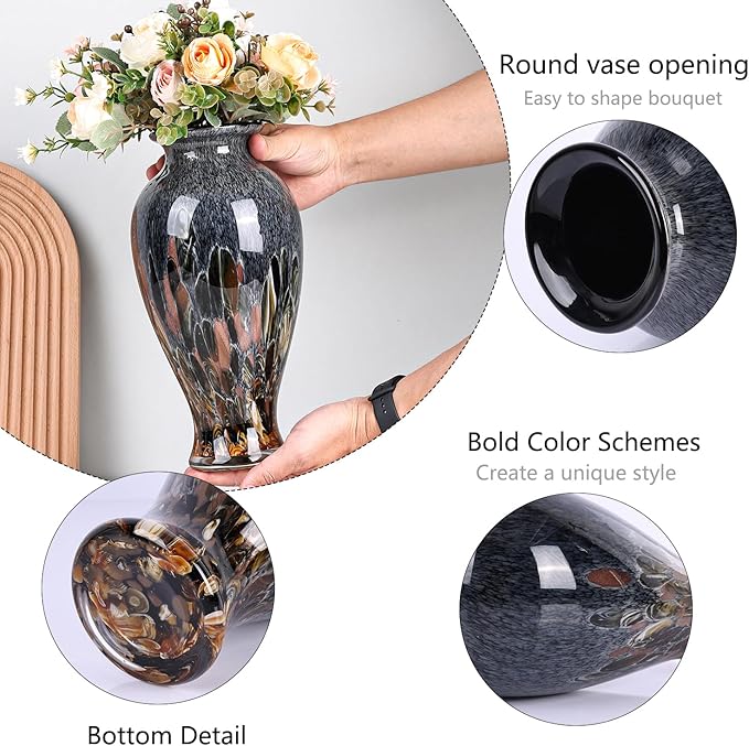 Hand Blown Glass Vase 11.8" Tall Beautiful Amber Blue Sea Wide Mouth Bud Vase for Table Centerpiece, Painted Colorful Murano Glass Flower Vases for - Home Entrance Wedding Center