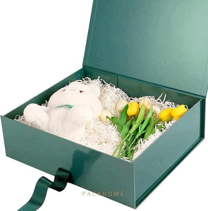 PACKHOME 17x14.5x5.5 Inches, 3 Extra Large Gift Boxes with Lids, Magnetic Closure Boxes with Ribbon for Clothes and Large Gifts (Glossy Green)