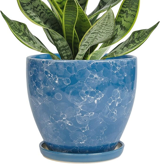 Ceramic Pots for Plants - 6.3 Inch Planter with Drainage Hole and Plant Tray, Decorative Succulent Pot, Round Flower Planter for Indoor, Garden Living Room Decor, Gifts for Plant Lovers, Blue