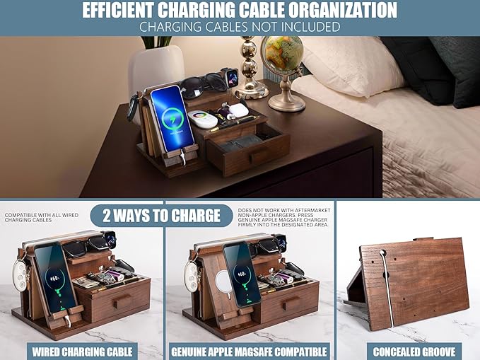 Wood Phone Docking Station with Drawer, Compatible with Apple Watch - Wood Charging Station Organizer Stand, Bedside Nightstand Organizer for Men, Holds Phone, Tablet, Keys, Glasses, EDC