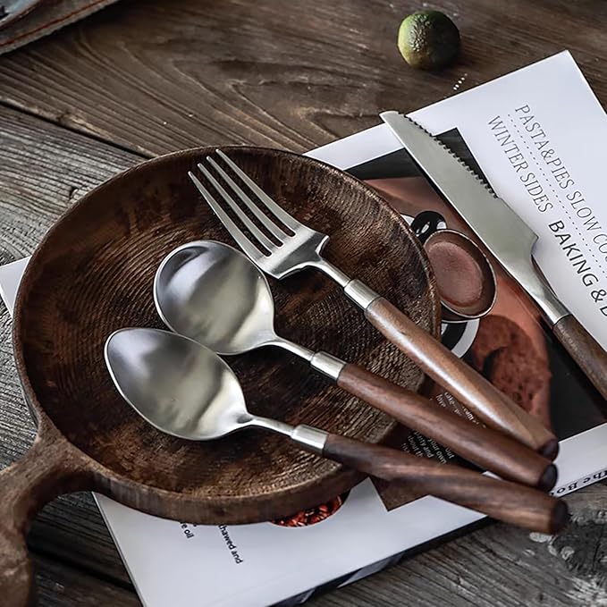 Wood Silverware Set for 4 Wooden Flatware Cutlery Utensils Set 18/10 Stainless Steel Walnut Handle 16 Piece Tableware Set for Home Kitchen Wedding Restaurant