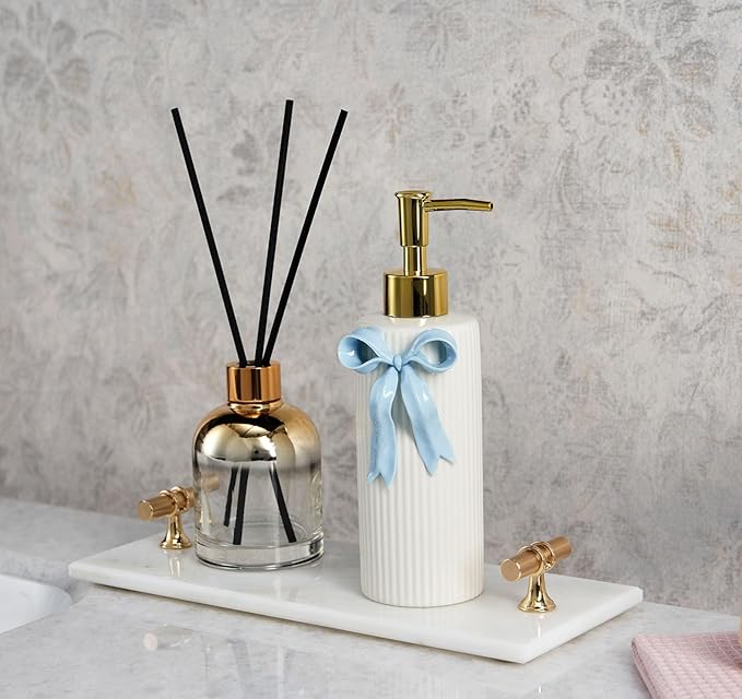 Handmade Ceramic Bow Soap Pump Dispenser Hand Lotion Liquid Dispenser Refillable for Kitchen and Bathroom Decorative (Ribbon Blue)