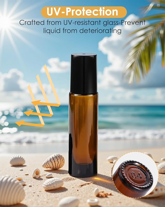 12 Pack Essential Oil Roller Bottles, 10ml Refillable Amber Glass Roller Bottles with Stainless Steel Roller Balls and Caps for Travel, Perfume and Lip Gloss