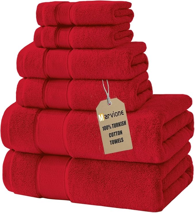 Marvione Bath Towels Set 6 Piece, 100% Turkish Cotton Highly Absorbent and Soft Towels for Bathroom 2 Bath Towels 2 Hand Towels 2 Washcloths, Red