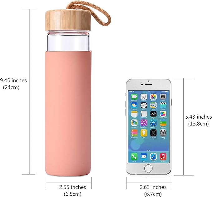 20 Oz Borosilicate Glass Water Bottles with Silicone Sleeve BPA Free, Dishwasher Safe - Reusable Clear Glass Drinking with Leak Proof Bamboo Lid | Perfect Gym Water Bottles for Men & Women
