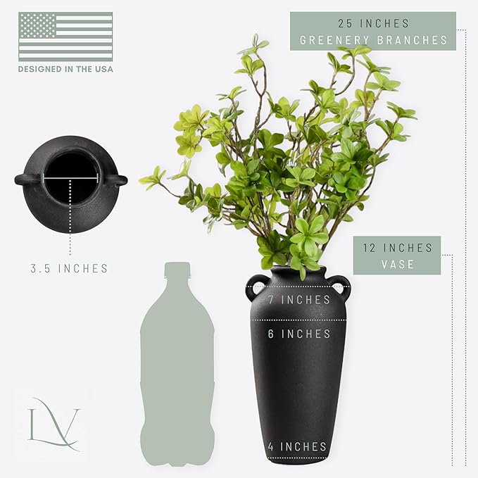 12 Inch Tall Black Ceramic Vase, with 5 Branches of 25 Inch Faux Artificial Vibrant Greenery Stems Set, Textured Minimalist Jug, Fake Stem Plants, Decorative Farmhouse, Console Table Centerpiece Decor