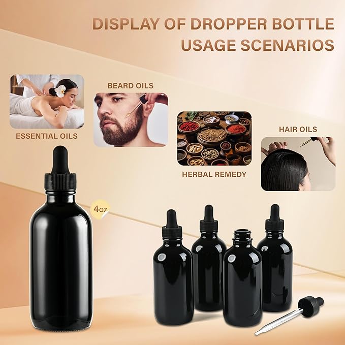 4 Pcs 4oz Black Glass Eye Dropper Bottle, Tincture Bottles With Leak-Proof Design, Stronger Suction for All Kinds of Mixed Liquids