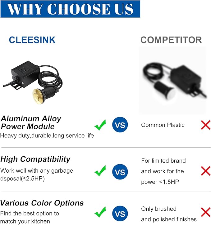 CLEESINK Garbage Disposal Air Switch Kit, Sink Top Waste Disposer On/Off with Aluminum Alloy Power Module, LONG Polished Gold