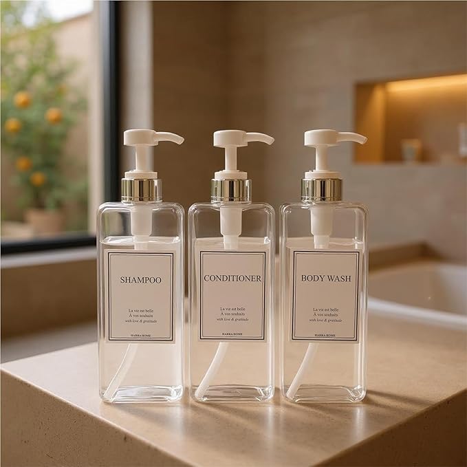 Modern Design 27 oz Shampoo and Conditioner Dispensers - Plastic Refillable Pump Bottle Set for Bathroom Shower Soap Dispenser, Gift Box Included, Set of 3 (Clear & Silver)