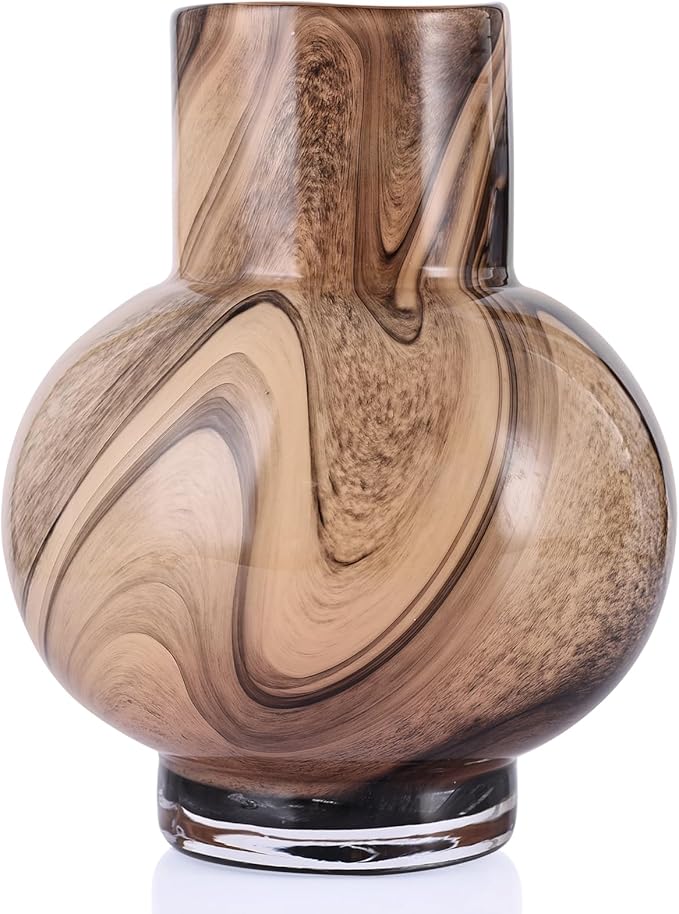 Gray Hand Blown Glass Wide Mouth vase for Home Decoration Short Round Glass vase for Living Room, Dining Table, Bookcase, TV Cabinet, Bookshelf and Office Desktop Decoration.