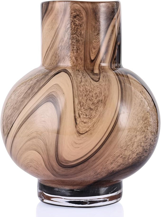 Gray Hand Blown Glass Wide Mouth vase for Home Decoration Short Round Glass vase for Living Room, Dining Table, Bookcase, TV Cabinet, Bookshelf and Office Desktop Decoration.