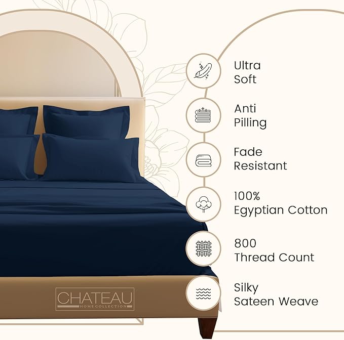 100% Egyptian Cotton Sheets For King Size Bed, 800 Thread Count Deep Pocket King Sheet Set, Elasticated Sheet & Pillowcase Sets, No Pill & Shrink, Soft & Comfy Naturally Cool & Breathable- Dark Denim