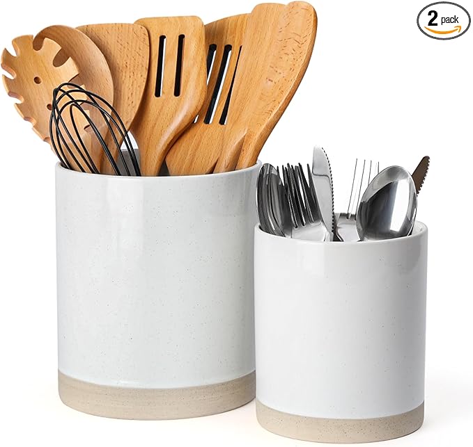 famiware Milkyway Kitchen Utensil Holder for Countertop, 7.2"+5.8" Ceramic Cooking Utensil Crocks for Counter, Utensil Organizer for Spatula & Spoon, Kitchen Decor, Set of 2, White