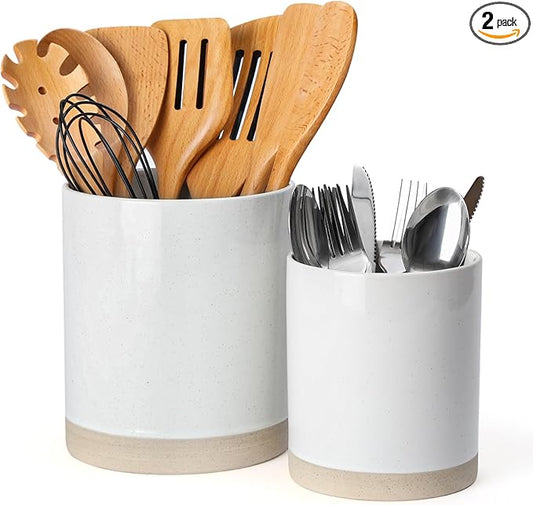 famiware Milkyway Kitchen Utensil Holder for Countertop, 7.2"+5.8" Ceramic Cooking Utensil Crocks for Counter, Utensil Organizer for Spatula & Spoon, Kitchen Decor, Set of 2, White