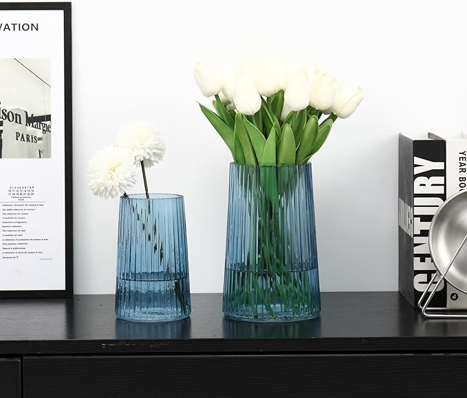 Ribbed Flower Vases Set of 2, Blue Vases for Flowers, Flower Vase for Bouquet, Modern Ribbed Glass Vase for Living Room, Bedroom, Dining Table, Office, Wedding, Centerpieces