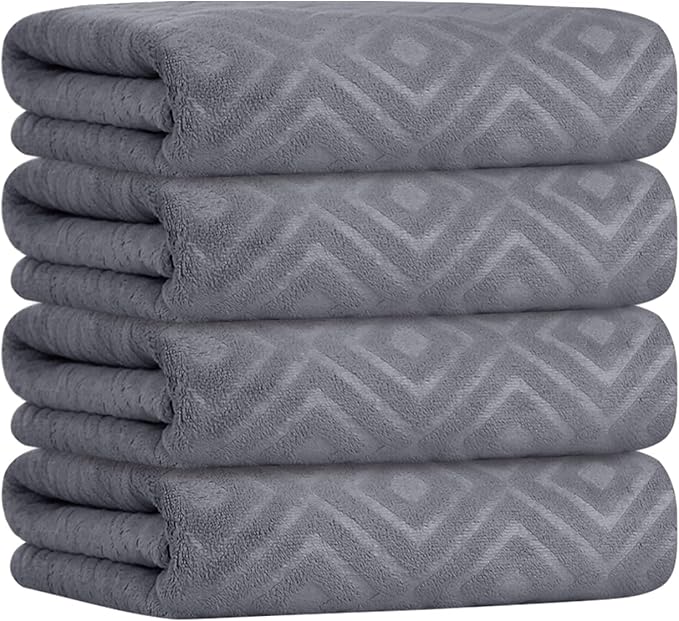 JML Towels, Pack of 4 Extra Large Bath Towel (30" x 60") - Absorbent Microfiber Bathroom Towels for Body, Adult, Hair, Yoga, Swimming, Grey Diamond Embossed