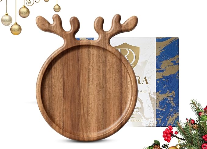 Acacia Wood Serving Platter, Christmas Decorative Reindeer Antler, 12"x10"Round Wooden Food Dish Display Plate, Charcuterie Board Tray for Cheese Fruit, Kitchen Gift for Housewarming (Gift Box)