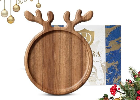 Acacia Wood Christmas Serving Platter with Antler Handle, 8"×10" Round Wooden Food Dish Plate, Decorative Charcuterie Board for Cheese Bread, Christmas Platter for Housewarming Decro Wedding