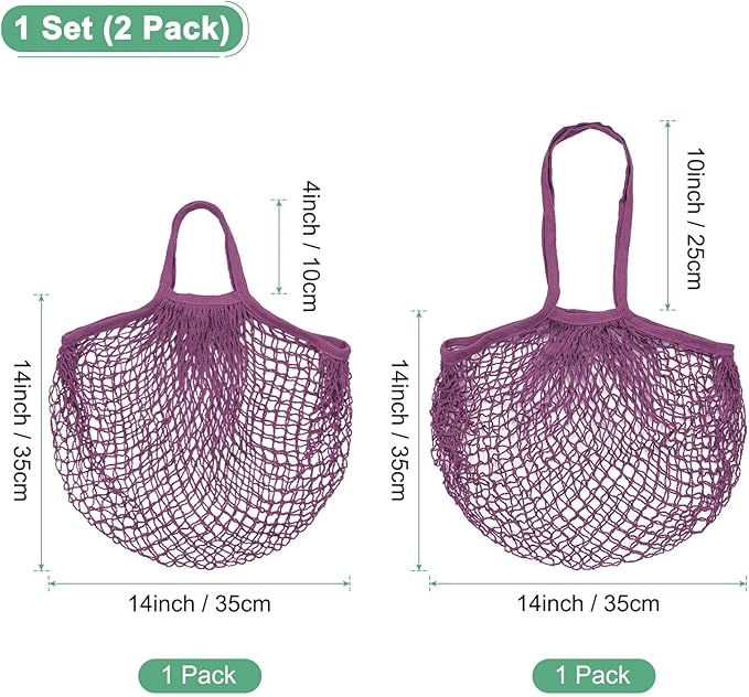 2-Pack Cotton Mesh Bag, Reusable Washable Mesh Net String Grocery Bags, Reusable Produce Bags with Handle, Net Tote Bag for Fruits Shopping [Purple-Pink, Long&Short Handle]