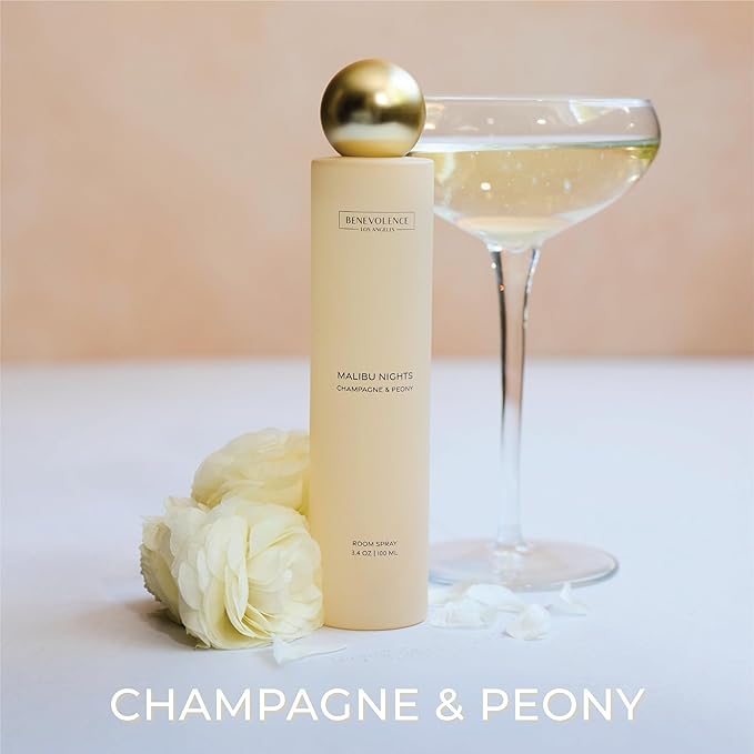 Champagne & Peony Room Spray | Benevolence LA Malibu Nights | 3.4oz | Home, Pillow & Linen Fragrance Spray | Low VOC, No Alcohol | Holiday & Christmas Gift for Her | Malibu Sands Collection