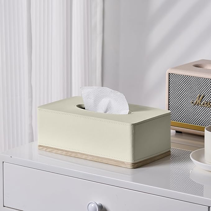 Rectangular Tissue Box Cover for Bathroom,Livingroom,Bedroom, Hand Carved Leather Resin Tissue Box Holder,10 x 5.7 x3.7 in, Beige