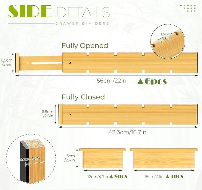 6PCS Bamboo Drawer Dividers with Inserts, Expandable Kitchen Utensil Drawer Organizers,Adjustable drawer organizer for deep drawers Dresser Closet Underwear Storage Bedroom Bathroom Drawers(16.6"-22")