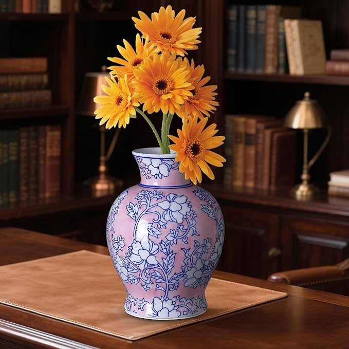 Vintage Chinoiserie Floral Ceramic Vase, Large Rustic Pottery Vases for Living Room, Entryway, Dining Table Centerpiece, Farmhouse Home Décor, Floor or Tabletop Flower Vase, (Pink)