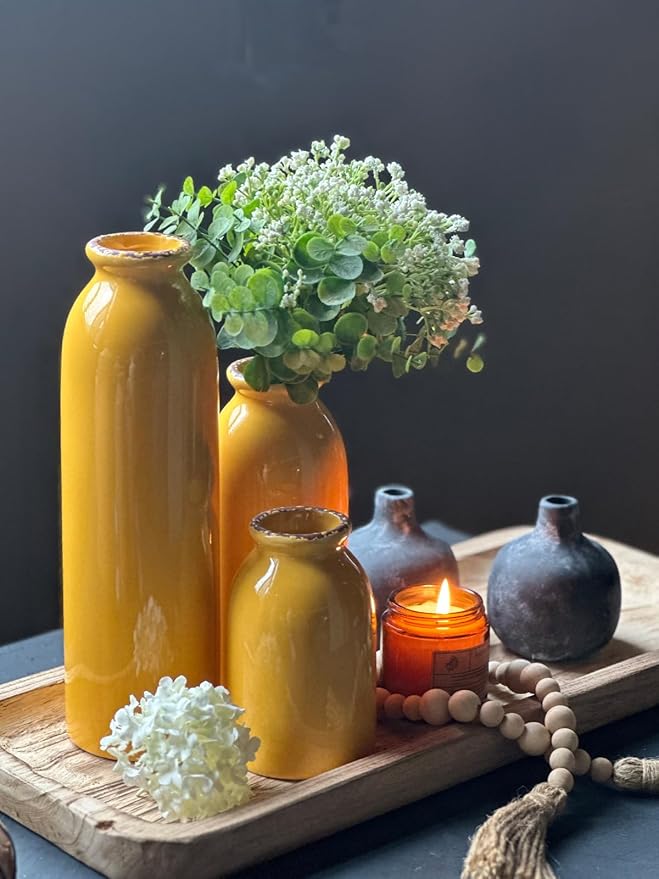 CWLWGO-Ceramic Yellow Vase Set of 3, Home Decorative Vases,Modern Farmhouse Decoration, Living Room Accents & Dining Table Centerpieces,Idea Bookshelf Décor, Mantel and Entrance Decorative.