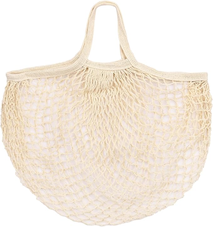 1-Pack Cotton Mesh Bag, Reusable Washable Mesh Net String Grocery Bags, Reusable Produce Bags with Handle, Net Tote Bag for Fruits/Vegetables Shopping [Cream, Short Handle]
