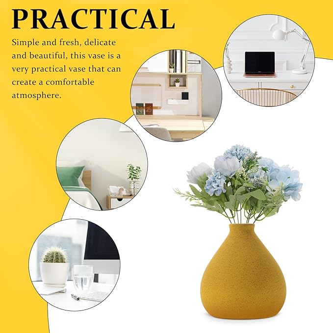 Rustic Ceramic Flower Vase for Floral Arrangement Corrosion-Resistant Stoneware Vase Yellow Ceramic Dried Flower Holder for Home Decor Living Bedroom and Table Centerpiece