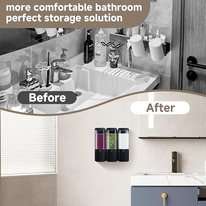 Shower Soap Dispenser Wall Mounted Shower Dispenser 3 Chamber No Drill Shampoo and Conditioner Dispenser Refillable Shampoo Dispener for Shower 3 * 500ml for Bathroom Hotel (Black 3 Chamber)