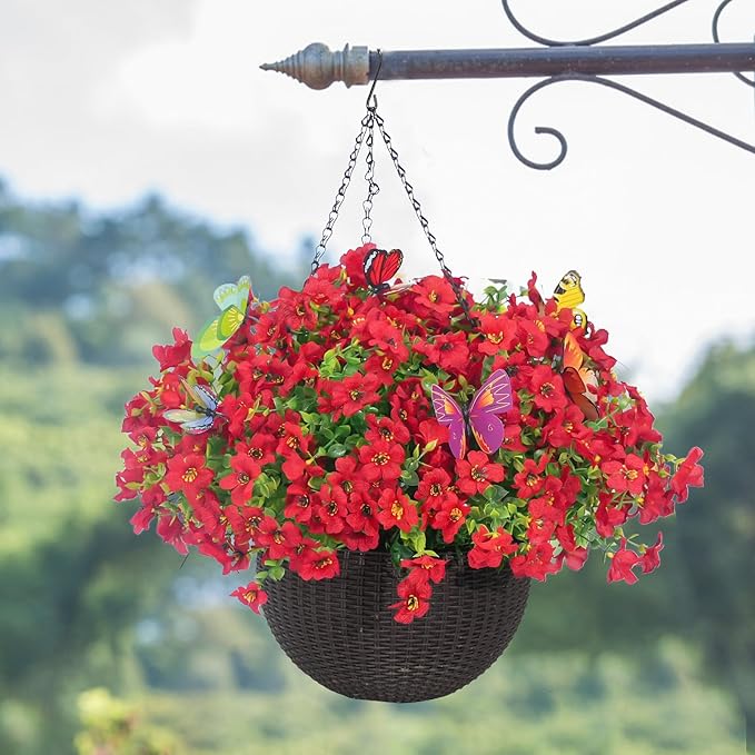 20 Bundles Artificial Flowers for Outdoors‌ with 6 Faux Butterflies, UV Resistant Fake Flowers‌ with Eucalyptus Leaves, Artificial Plants Outdoor‌ for Patio Garden Porch Home Decor (Red)