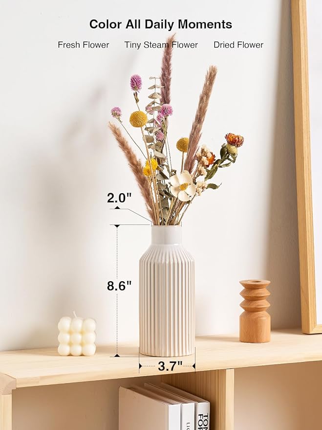 White Ceramic Flower Vase, Minimalist Home Decoration, 8 Inch Small Pampas Grass Vases for Kitchen, Bedroom, Office, Living Room, Bathroom, Shelf Centerpiece Table (White Beige)