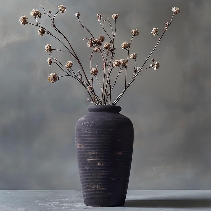 Handmade Black Vase - 11" Tall Large Ceramic Rustic Vase, Black Vintage Decorative Vase, Farmhouse Black Vase for Home Decor, Living Room, Shelf Decor, Enterway, Table, Fireplace Decoration