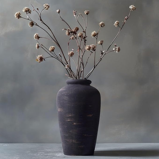 Handmade Black Vase - 11" Tall Large Ceramic Rustic Vase, Black Vintage Decorative Vase, Farmhouse Black Vase for Home Decor, Living Room, Shelf Decor, Enterway, Table, Fireplace Decoration