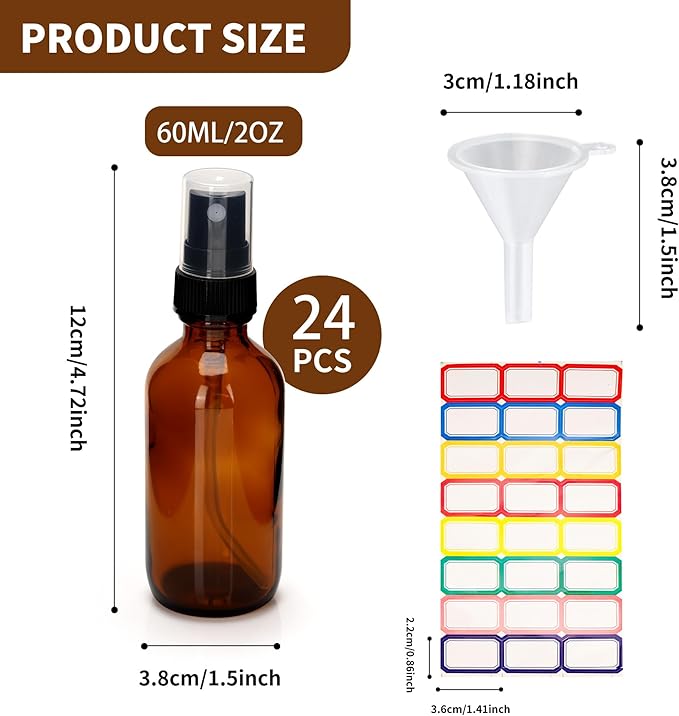 24 Pack Amber Glass Spray Bottles 2 oz Small Empty Fine Mist Spray Bottle with Funnel and Label for Travel, Essential Oils