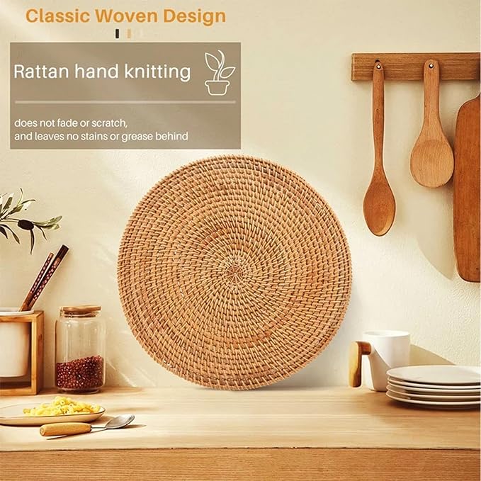 Round Woven Placemats, 13.7in Round Rattan Placemats Table Placemat Multifunctional Oval Tableware Mats Farmhouse Braided Place Mats for Indoor Decor Dining Supplies
