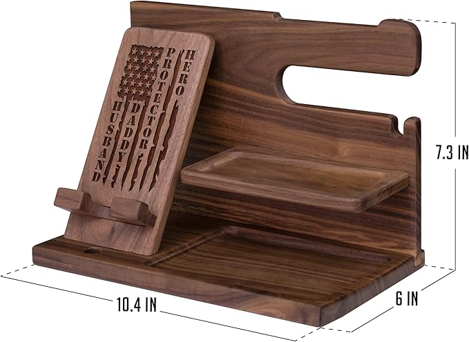 Phone Docking Station For Men Him - Handmade Unique Nightstand Organizer For His Accessories - Personalized Gift Ideas for Dad, Grandpa, Husband, Boyfriend on Father's Day, Birthday, Anniversary