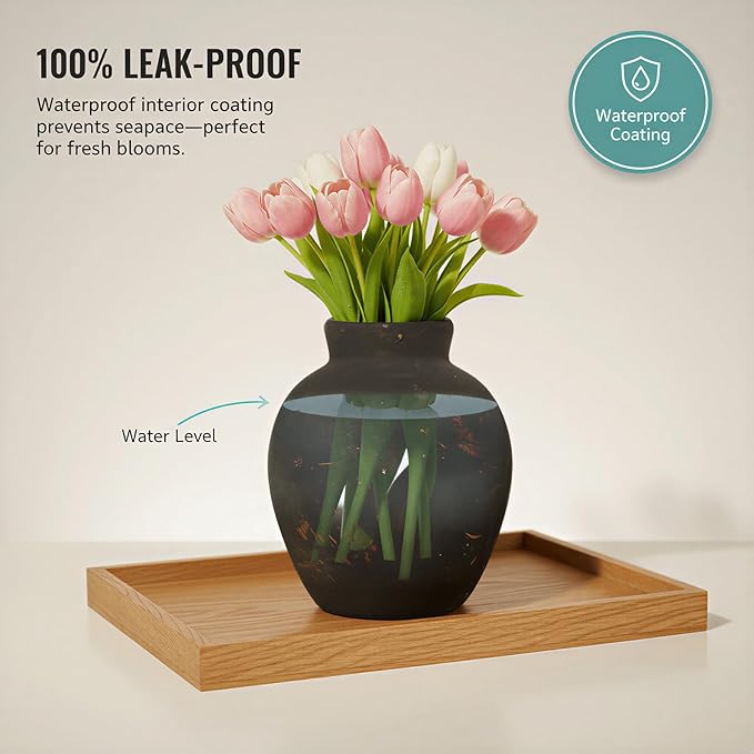 Ceramic Flower Vase, 6-Inch Black Pottery Rustic Farmhouse Boho Vase, Handcrafted Decorative Vase for Home Decor, Centerpieces, Table, Living Room, Mantel, Shelf